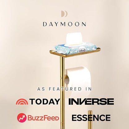 Day Moon™ Gold Toilet Paper Holder Free Standing Toilet Paper Holder with Storage - Toilet Paper Stand and Tissue Holder for Bathroom - Toilet Paper Holder with Shelf and Wipe Holder