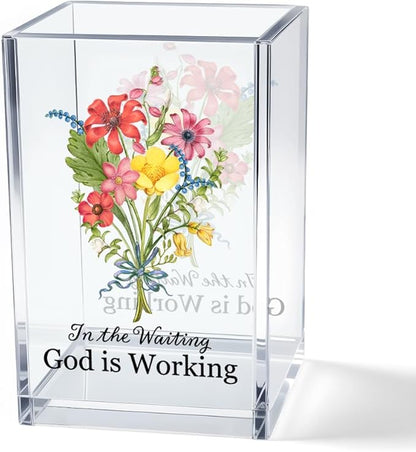in The Waiting God is Working Acrylic Cosmetic Bible Verse Pencil Pen Holder Cup, Floral Christian Desk Organizer Accessories for Home Office Decor, Christian Faith Gifts for Women Girl Coworker