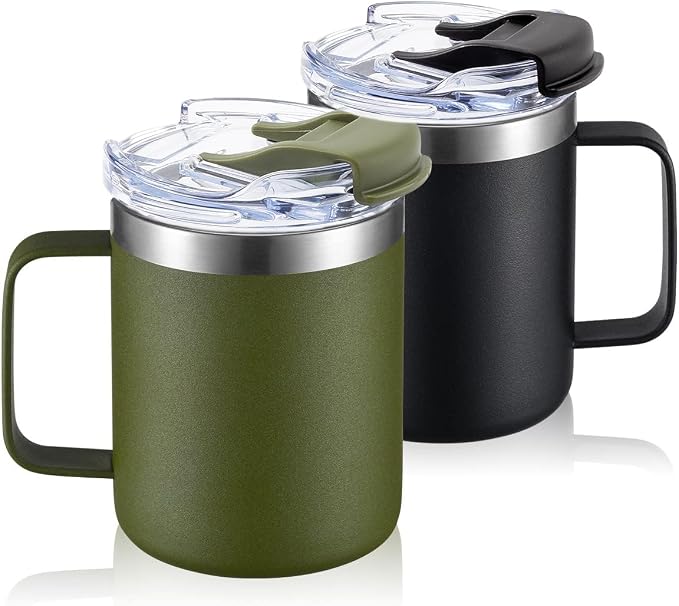 12oz Stainless Steel Insulated Coffee Mug with Handle, Double Wall Vacuum Travel Mug, Tumbler Cup with Fliping Lid, Black and Army Green