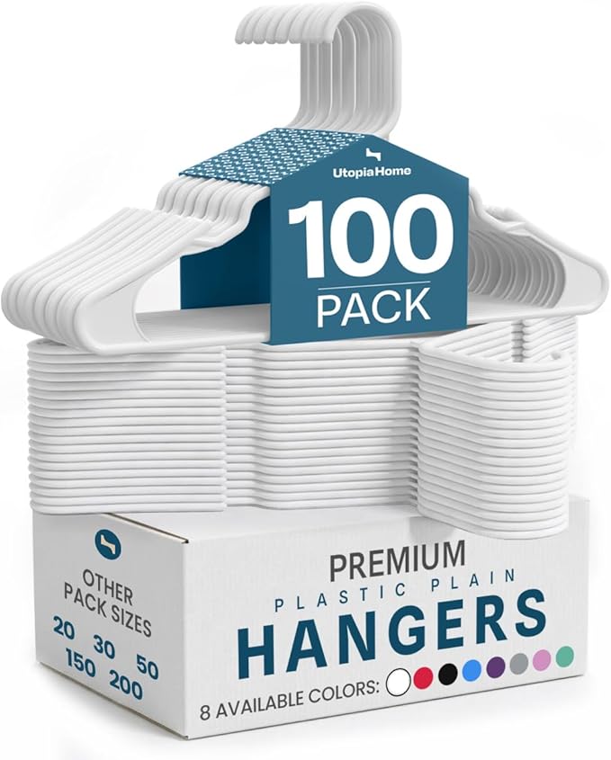 Utopia Home - Plastic Hangers 100 Pack - Space Saving Clothes Hanger - Durable and Strong Closet Organizers and Storage Makes It Ideal Stocking Stuffers or Apartment or Dorm Room Essentials (White)