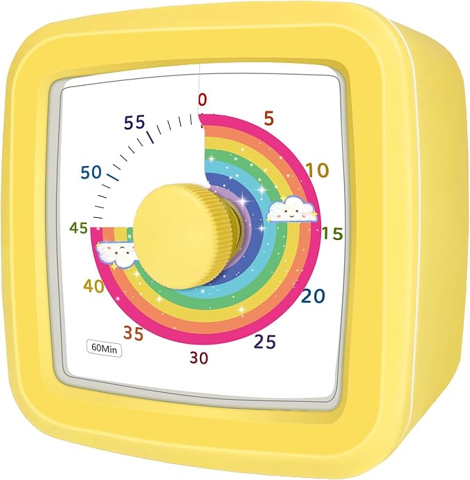 60-Minute Visual Timer for Kids, Silent Countdown Kids Visual Timer with Rainbow Design, Plastic Time Management Tool Timers for Classroom Toddler Homework Kitchen, Focus Tools for Kid,Yellow
