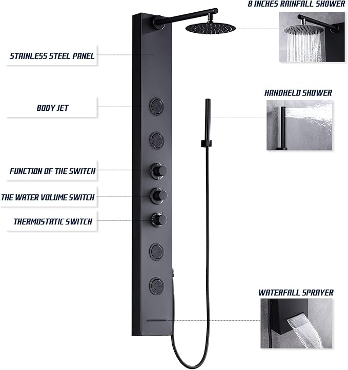 Achelous Round Rainfall Shower Head Panel System with Thermostatic,Stainless Steel High Pressure Turbo Body Jets Waterfall Shower Tower,Brass Handheld Wand in Matte Black