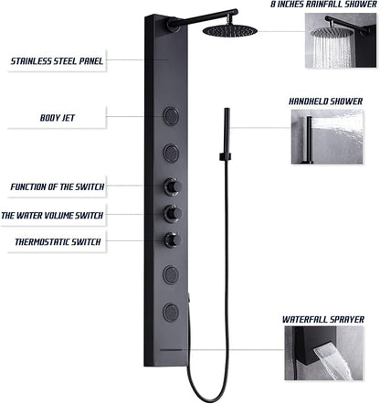 Achelous Round Rainfall Shower Head Panel System with Thermostatic,Stainless Steel High Pressure Turbo Body Jets Waterfall Shower Tower,Brass Handheld Wand in Matte Black