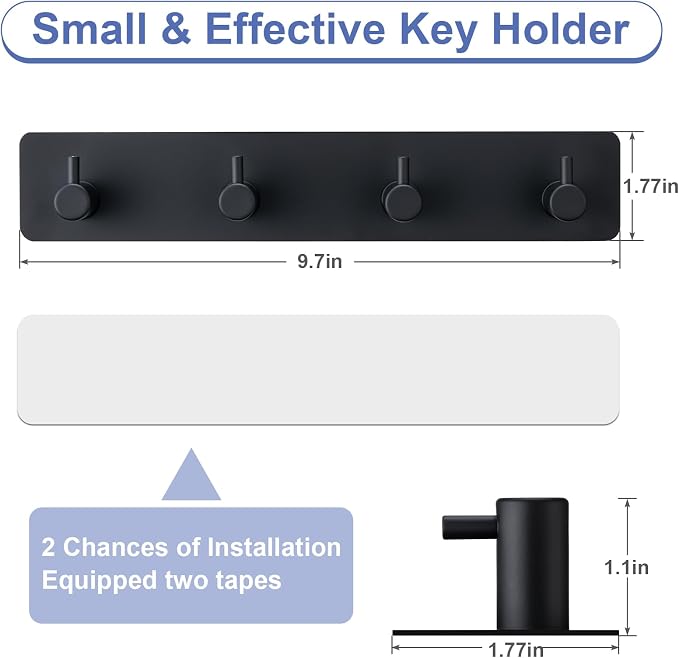 Key Holder with 4 Hooks,Key Hanger Organizer for Wall Mount with 2 Self-Adhesive Tapes,Metal Key Rack for Entryway, Door, Bathroom, Kitchen(Black)