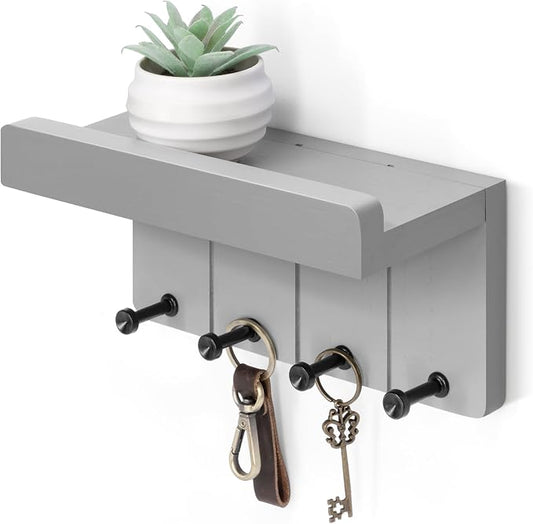 Rebee Vision Small Key Holder Wall Mount - Decorative Key and Mail Holder for Wall with Shelf and 4 Hooks for Aesthetic Room Decor - Modern Apartment Essentials for Home Decor (Light Gray)