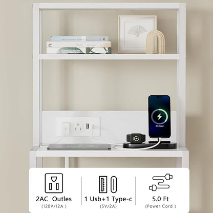 Furnulem Night Stand, Tall White Nightstand with 4-Tier Shelves, 2 PU Fabric Drawers and Led Lights, Bed Side Tables with Charging Station, Bedside Table for Bedroom