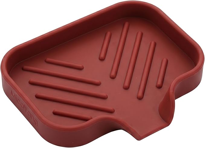 MicoYang Silicone Soap Dish with Drain Spout, Self-Draining Sink Organizer Tray for Bathroom and Kitchen, Sponges, Dispensers and Soap Holder, Non-Slip and Dishwasher Safe, Red (Compact, 4.9"×3.2")