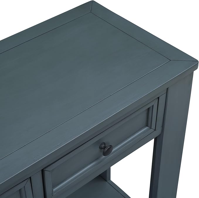 Knocbel Console Table with 4 Storage Drawers Bottom Shelf, Rustic Distressed Sofa Table for Entryway Hallway, Assembly Required, 63" W x 14" D x 30" H, Navy