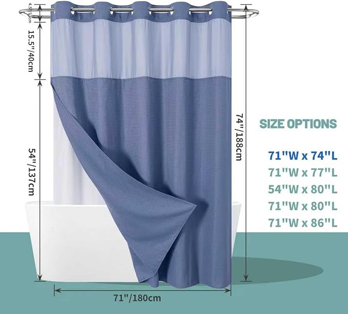 MoonLightBlue No Hook Waffle Weave Shower Curtain with snap-in Liner Replacement, 230GSM Waterproof Fabric Hotel Shower Curtain Set for Bathroom, Through Mesh Top Window,71Wx74H