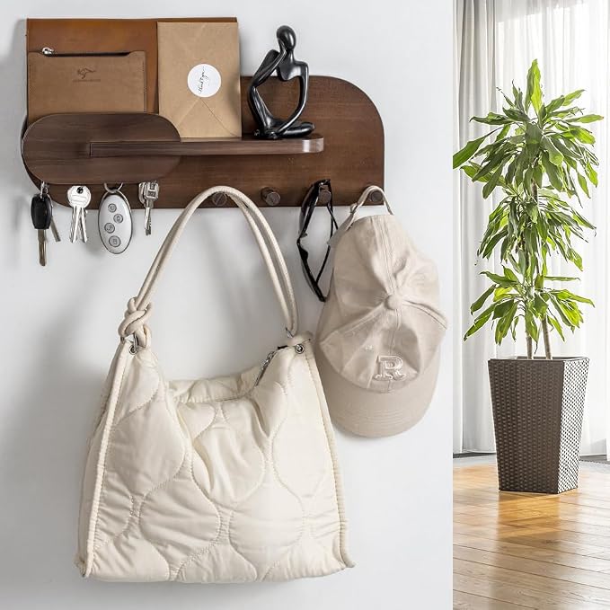 Solid Wood Mail and Key Holder for Wall Decorative Display - Includes Mail Holder, Shelf with Hooks for Keys & Pegs for Hanging Hats, Coats, Bags, Backpacks & More - Sleek Modern Design, Walnut Brown
