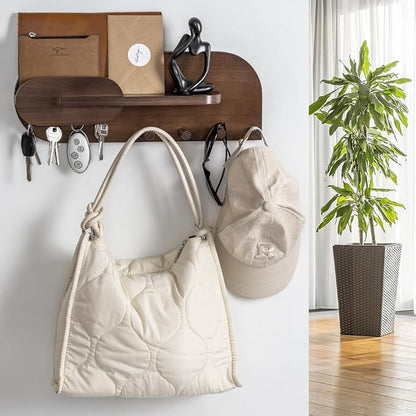 Solid Wood Mail and Key Holder for Wall Decorative Display - Includes Mail Holder, Shelf with Hooks for Keys & Pegs for Hanging Hats, Coats, Bags, Backpacks & More - Sleek Modern Design, Walnut Brown
