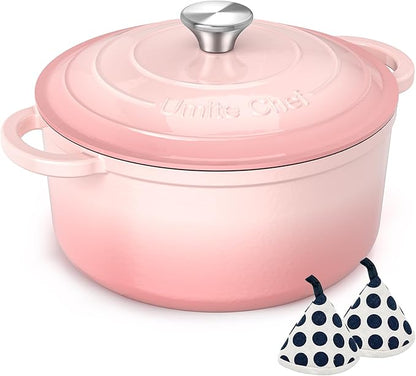 Umite Chef 5QT Enameled Cast Iron Dutch Oven Pot with Lid, Heavy-Duty Cookware for Bread Baking, Braising, Stews, Roasting, Wedding Registry Ideas & Gifts (Pink)