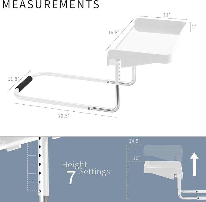 Height Adjustable Under Mattress 17 inch Bedside Shelf, Works with Lofts and Beds Without Frames, Heavy Duty Storage Tray, Fits Laptops, Books, and Drinks, Nightstand Alternative, White