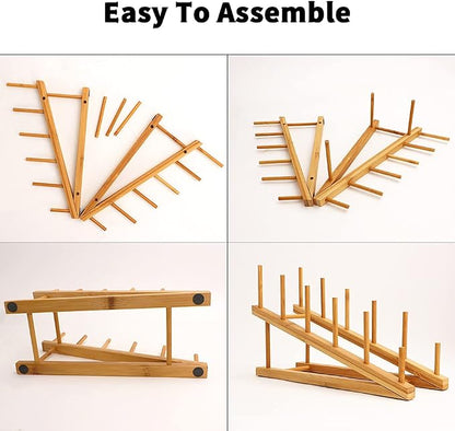 4 PCS Wooden Dish Drying Rack Bamboo Plate Dish Rack Stand Kitchen Cabinet Organizer Pot Lid Holder for Plate, Dish, Cup, Cutting Board, Bowl, Pot Lid