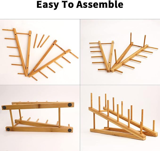2 PCS Wooden Dish Rack Bamboo Drying Rack Stand Pot Lid Holder Kitchen Cabinet Organizer for Dish Plate Bowl Cup Pot Lid Cutting Board