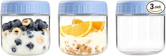 Overnight Oats Containers with Lids, 10oz Wide Mouth Mason Jars with Lids, 3 Pack Glass Jars with Airtight lid for Chia Pudding Yogurt Salad, Meal Prer Oatmeal Jars, Blue