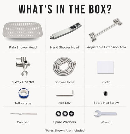 G-Promise All Metal 16 Inch Dual Square Shower Head with Handheld Spray Combo, Rain Shower Head, Adjustable Extension Arm, 3-Way Diverter, 71 Inch Extra Long Hose - A Bathroom Upgrade(Brushed Nickel)