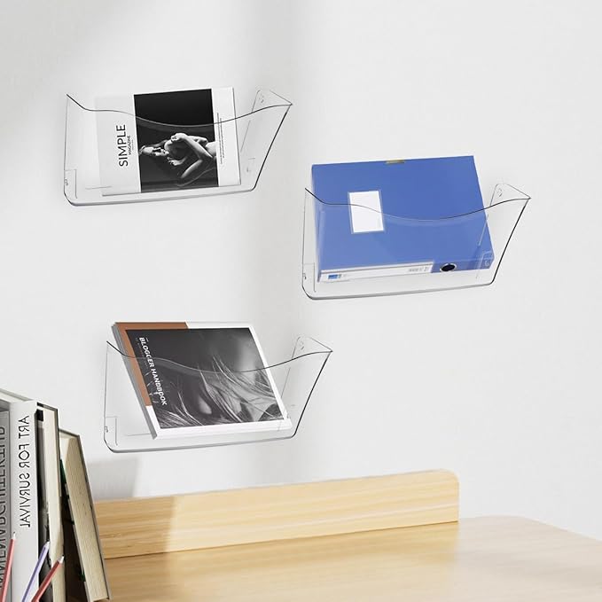 6 Pcs Clear Plastic Wall Folders Acrylic File Holder, 13.4x6.9 Inch Single Acrylic Wall File Organizer for Office and Home