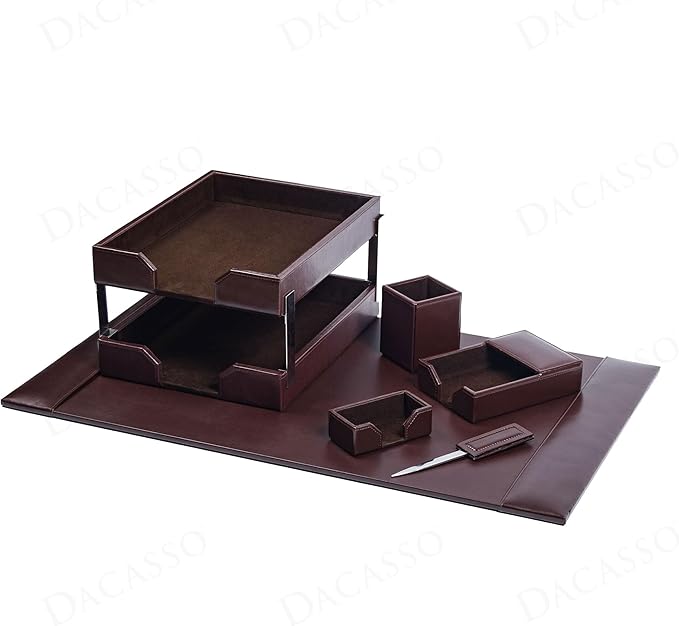 Dacasso Dark Brown Bonded Leather 8-Piece Desk Accessory Set - Organization Essentials & Executive Decor - Luxury Leather Blotter for Office Organization