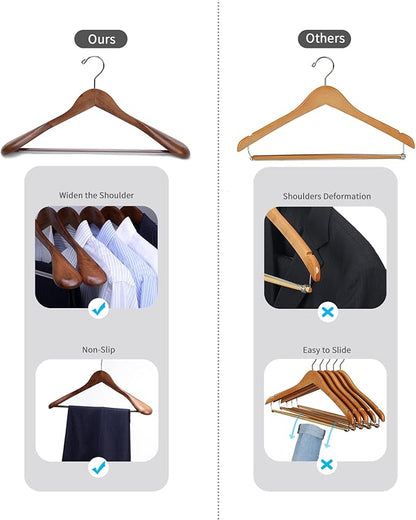 Nature Smile Luxury Wooden Suit Hangers 6 Pack Wood Coat Hangers Jacket Outerwear Shirt Hangers,with Extra-Wide Shoulder, 360 Degree Swivel Hooks & Anti-Slip Bar with Screw(Retro Color)
