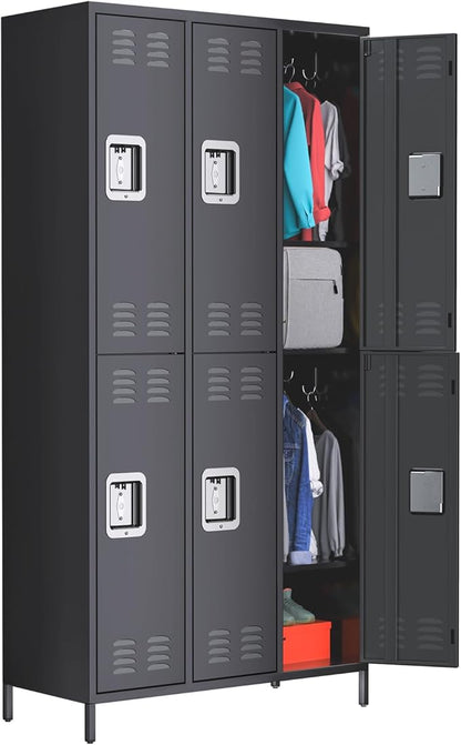 Metal Storage Locker with 6 Doors, Metal Locker for Employees with 18 Hooks for Garage School Office Gym Home, Assembly Required, Black