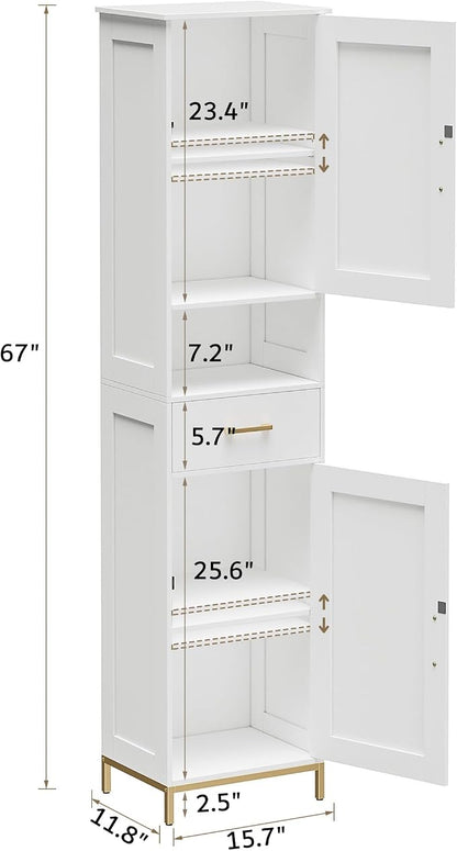 Homhedy 67" H Bathroom Storage Cabinet, Tall Storage Cabinet with Adjustable Shelves, Freestanding Cabinet with Doors and Drawer, Narrow Cabinet for Bathroom, Living Room, Kitchen, Dining Room, White