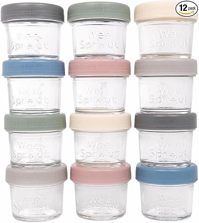 WeeSprout Glass Baby Food Storage Jars w/Lids (4 oz, 12 Pack Set) Snack, Puree, Reusable Small Containers, Breast Milk, Fridge or Freezer, Microwave & Dishwasher Safe, Essential Must Have for Infants