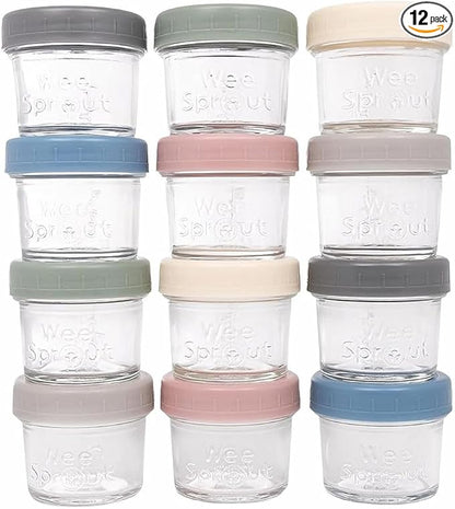 WeeSprout Glass Baby Food Storage Jars w/Lids (4 oz, 12 Pack Set) Snack, Puree, Reusable Small Containers, Breast Milk, Fridge or Freezer, Microwave & Dishwasher Safe, Essential Must Have for Infants
