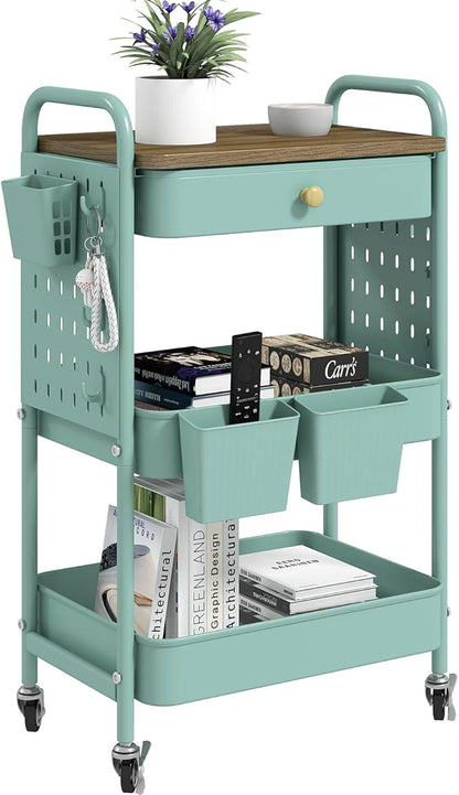 danpinera 3 Tier Rolling Cart, Metal Utility Cart with Wooden Table Top & DIY Pegboard, Rolling Carts with Drawer, Storage Cart Craft Cart with Hooks & Hanging Cups for Kitchen, Bathroom, Office