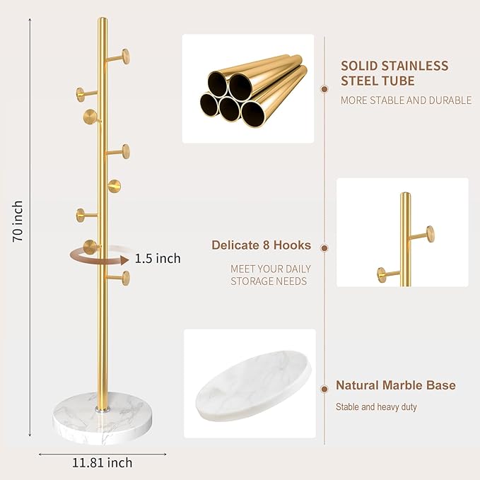 Modern Metal Coat Rack Stand, Coat Rack Freestanding with Natural Marble Base, Sturdy Heavy Duty Coat Racks with 8 Hooks, Golden Coat Hall Tree Stand for Entryway, Office