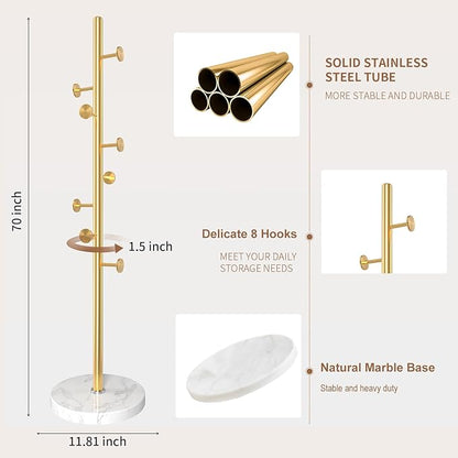 Modern Metal Coat Rack Stand, Coat Rack Freestanding with Natural Marble Base, Sturdy Heavy Duty Coat Racks with 8 Hooks, Golden Coat Hall Tree Stand for Entryway, Office