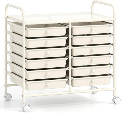 GOFLAME 12-Drawer Rolling Storage Cart, Multifunctional Art Craft Organizer Cart, Mobile Utility Storage Cart with Removable Drawers & Lockable Wheels, Craft Cart for Home Office School, White