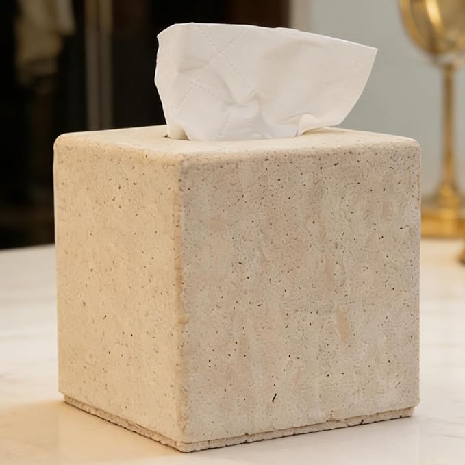 Travertine Tissue Box Cover, Heavy Duty Nature Stone Tissue Box Holder, Decorative Luxurious Travertine Square Toilet Tissue Box for Bathroom, Bedroom, Living Room, Office