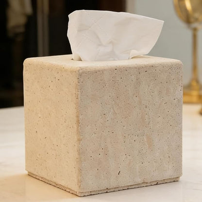 Travertine Tissue Box Cover, Heavy Duty Nature Stone Tissue Box Holder, Decorative Luxurious Travertine Square Toilet Tissue Box for Bathroom, Bedroom, Living Room, Office