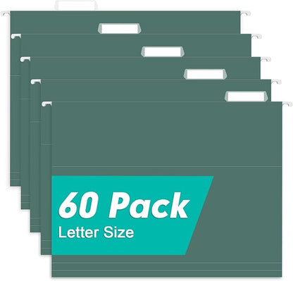 HERKKA Extra Capacity Hanging File Folders, 60 Pack Reinforced Letter Size Hanging Folders with Heavy Duty 0 Inch Expansion, Designed for Bulky Files, Green