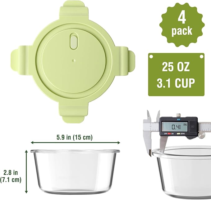 Freshmage 25oz Glass Meal Prep Containers, Round Food Storage Container with Lid Airtight, BPA-Free, Borosilicate Glass Soup Container for Leftovers, Microwave Oven Dishwasher&Freezer Safe (4 Pack)