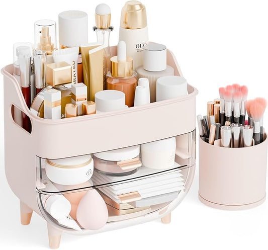 Yieach Pink Make up Organizer for Countertop,Vanity,Large Capacity Bathroom Makeup Skincare Organizers With Brush Holder,Makeup Storage Organizer for Lotion,Beauty Products,Skin Care,Makeup Display