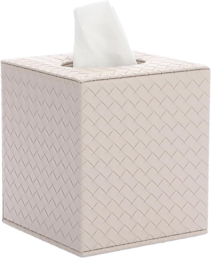 Sumnacon Square Tissue Box Cover, Stylish PU Woven Lozenge Pattern Tissue Box Holder with Magnetic Bottom, Classic Style, Beige