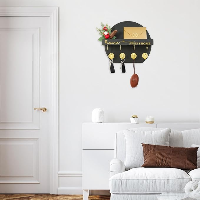 Key Holder for Wall, Key and Mail Holder Organizer - Key Holder Wall Mount with Bouquet Shelf and Key Hooks, Round Wooden Rustic Key Rack for Entryway and Home Decor (Black)