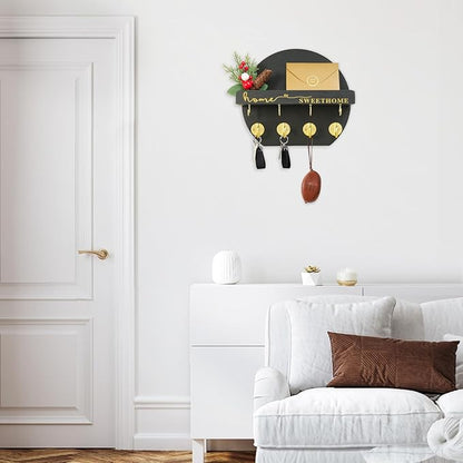 Key Holder for Wall, Key and Mail Holder Organizer - Key Holder Wall Mount with Bouquet Shelf and Key Hooks, Round Wooden Rustic Key Rack for Entryway and Home Decor (Black)