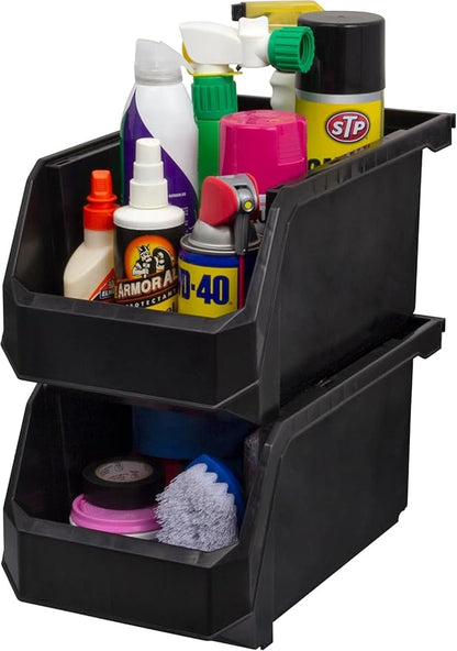 ReadySpace Plastic Containers for Organizing and Storage Bins for Closet, Kitchen, Office, Garage or Pantry Organization, Stackable Bins, Large (14.8" x 8" x 7"), 6-Pack, Black