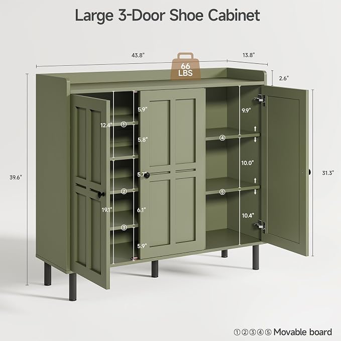 ONBRILL Shoe Cabinet with 3 Doors and Adjustable Shelves, 30 Pairs Shoe Storage Cabinet, 40 Inch Tall Farmhouse Shoe Rack Shoe Organizer Cabinet for Entryway Living Room Closet, Green