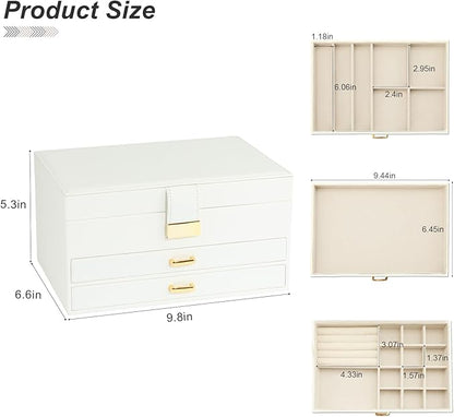 Jewelry Organizer Box for Women Girls, 3-Layer Jewelry Case with 2 Drawers Jewelry Storage Box for Ring Earrings Bracelets Necklaces(White)