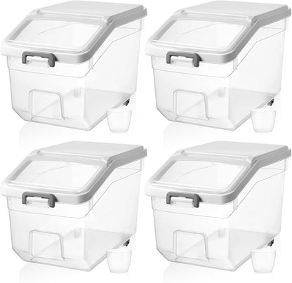 Sunnyray 4 Pcs Rice Storage Container 28 lb Airtight Flour Container with Wheels Measuring Cup Clear Pet Food Cube Dog Birds Cat Food Bin Grain Cereal Organizer Box for Dry Baking Supplies(White Lid)