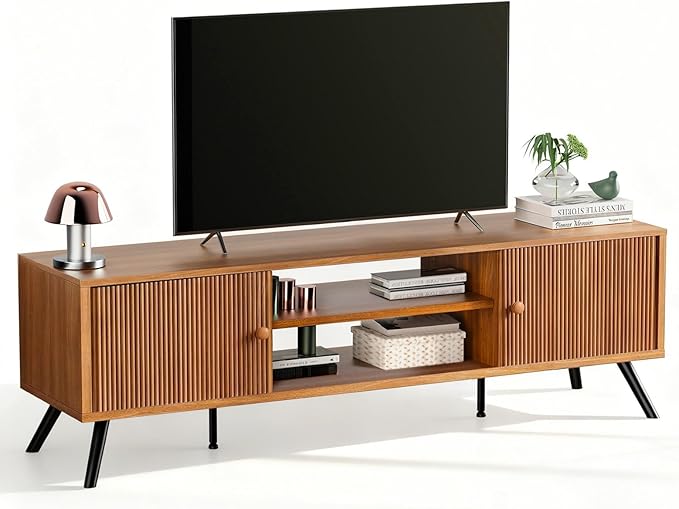 COMHOMA TV Stand for Living Room, Mid Century Modern Entertainment Center for 55/60/65 Inch TVs, Retro Brown TV Console with Fluted Door Cabinets and Open Adjustable Shelve Storage for Bedroom