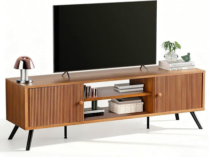 COMHOMA TV Stand for Living Room, Mid Century Modern Entertainment Center for 55/60/65 Inch TVs, Retro Brown TV Console with Fluted Door Cabinets and Open Adjustable Shelve Storage for Bedroom