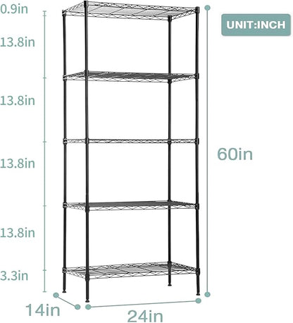 FDW 14Dx24Wx60H Wire Rack 5 Shelf Storage Unit Wire Shelving Unit Metal Shelf Organizer Heavy Duty Certification Commercial Grade Rack Utility for Bathroom Office Kitchen (Black)