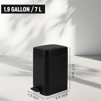 rejomiik Small Bathroom Trash Can with Lid Slim Soft Close Garbage Can Step Wastebasket Container Trash Bin for Office Bedroom Kitchen Living Room (1.9 Gallon Black)