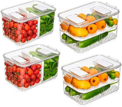 Slideep Food Storage Containers, 2 Tier Stackable Fridge Produce Saver with Lids, Removable Drain Tray Drawers Refrigerator Produce Keeper with Strainer for Veggie, Berry, Fruits, Vegetables 4 Pack
