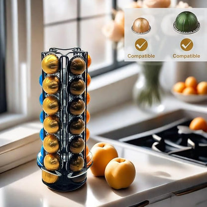 Vertuo Pod Holder Carousel Stand for 35 Nespresso Vertuo Capsule Storage Organizer with Extra Space for Coffee Mate Silent Rolling，Black